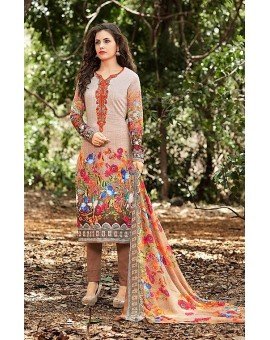 Salwar Suit- Pure Cotton with  Embroidery and Self Print - SandyBrown  (Un Stitched)
